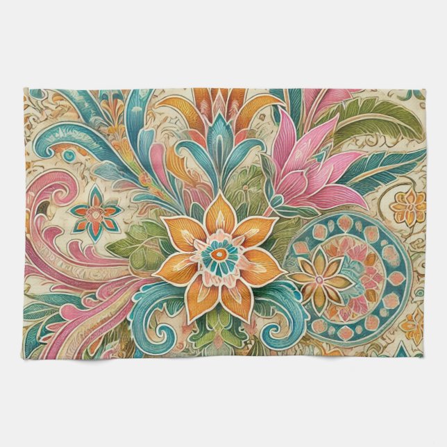 Colourful Indonesian Batik Floral Boho Rustic Tea Towel (Horizontal)