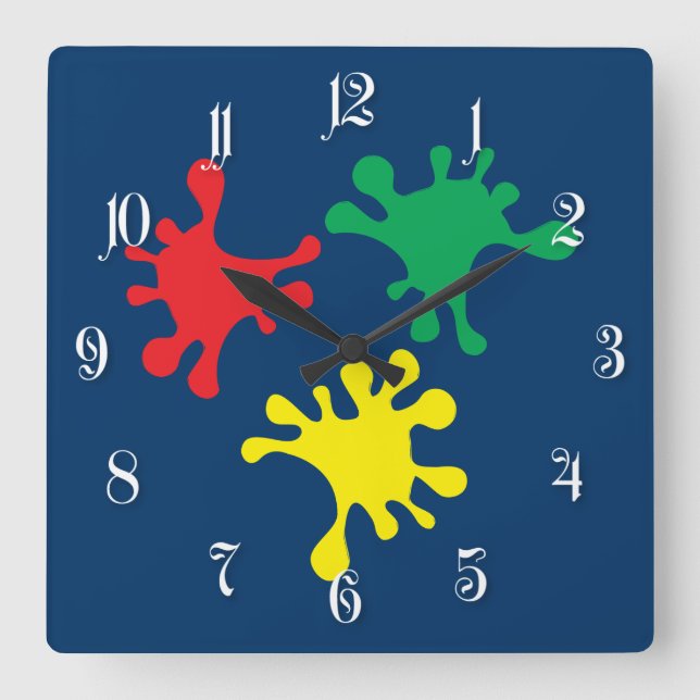 Colourful  ink blots square wall clock (Front)