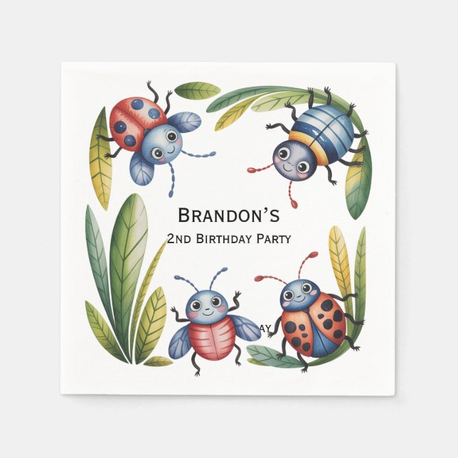 Colourful Insect Bugs 2nd. Birthday Party Napkin (Front)