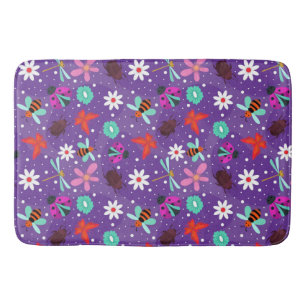 Colourful Insects and Flowers on a Purple Backgrou Bath Mat