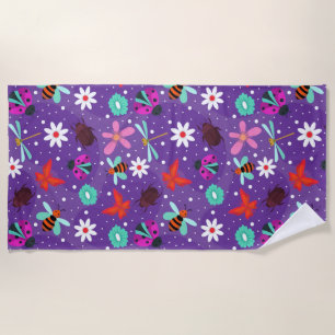 Colourful Insects and Flowers on a Purple Backgrou Beach Towel