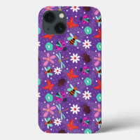 Colourful Insects and Flowers on a Purple Backgrou