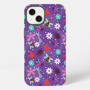 Colourful Insects and Flowers on a Purple Backgrou iPhone 13 Case