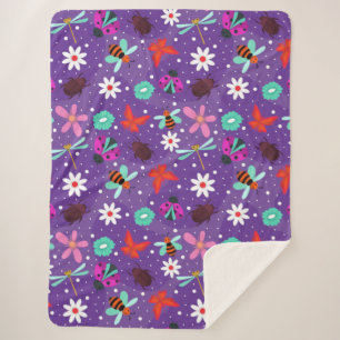 Colourful Insects and Flowers on a Purple Backgrou Sherpa Blanket