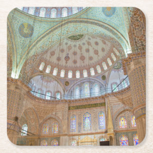 Colourful interior domed ceiling of Blue Mosque Square Paper Coaster