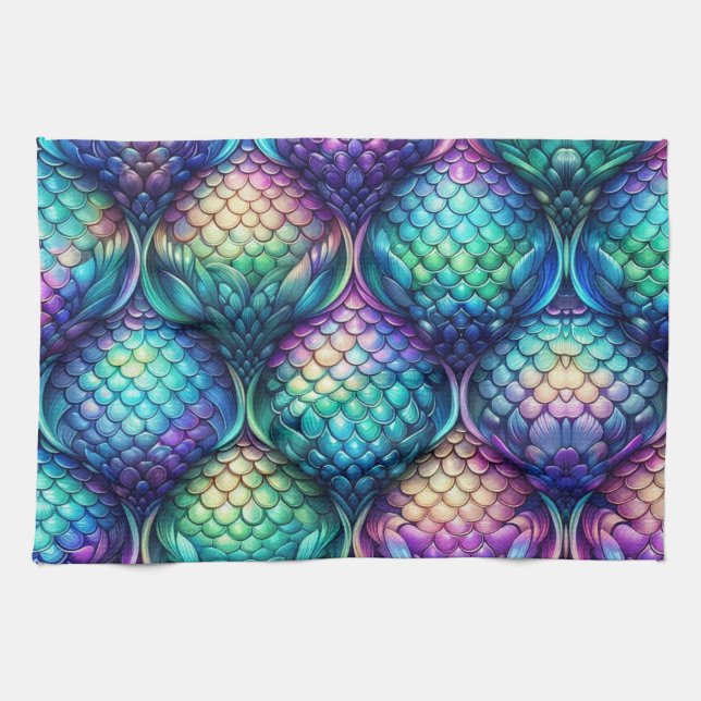 Colourful/iridescent aquatic scales tea towel (Horizontal)