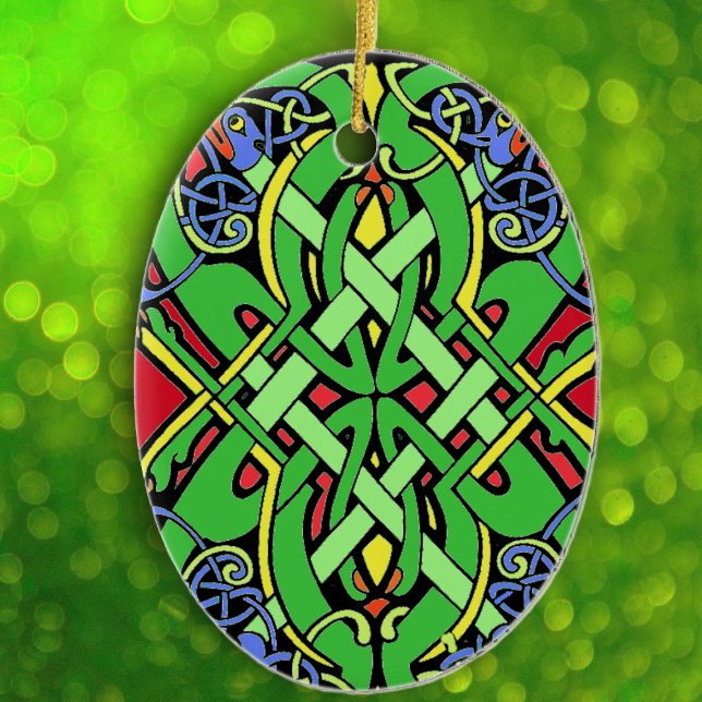 Colourful Irish Celtic Knot Ceramic Tree Decoration (Irish Celtic Knot design intertwined loops in green blue yellow and red on hanging ornament.)
