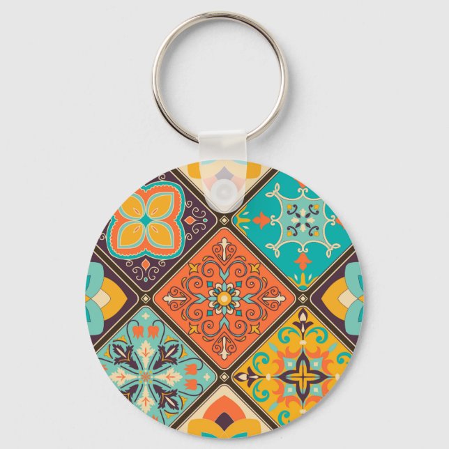 Colourful Islamic-inspired patchwork tile. Key Ring (Front)