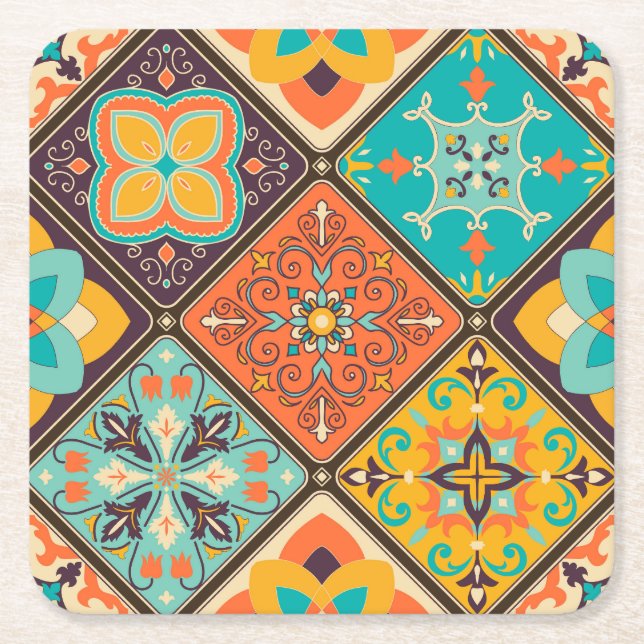 Colourful Islamic-inspired patchwork tile. Square Paper Coaster (Front)