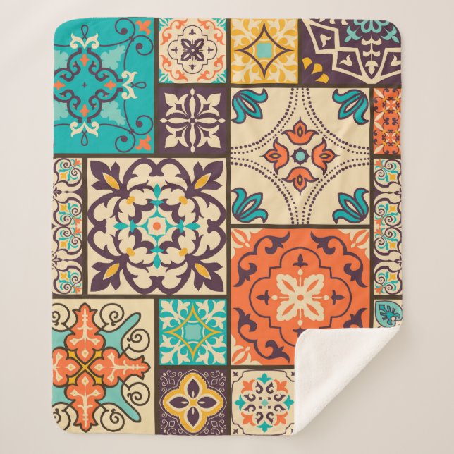 Colourful Islamic Patchwork: Vintage Tile. Sherpa Blanket (Front)