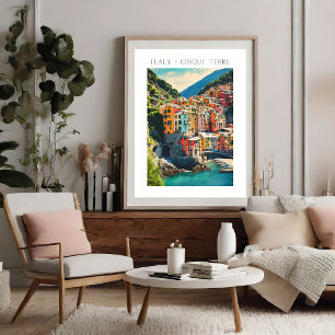 Colourful Italy Cinque Terre Village Watercolor Poster