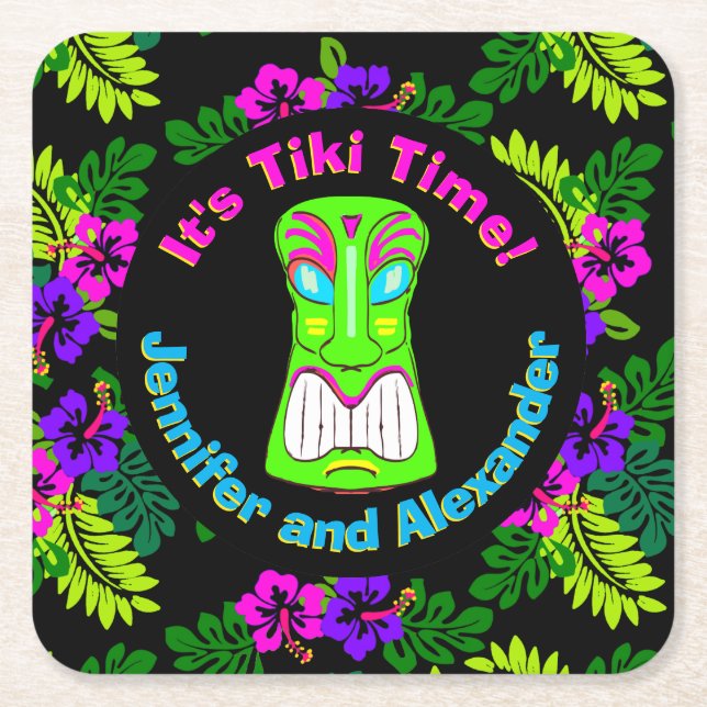 Colourful It's Tiki Time Square Paper Coaster (Front)