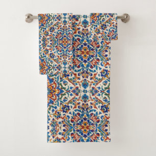 Colourful Iznik Persian Turkish Handpainted Repro Bath Towel Set