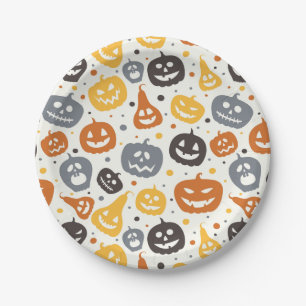 Colourful Jack-O'-Lantern Faces Pattern Paper Plate