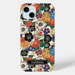 Colourful Japanese Flowers Monogrammed iPhone 15 Mini Case