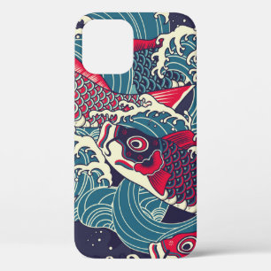 Colourful japanese Koi/carp fish in the wave seaml iPhone 12 Case