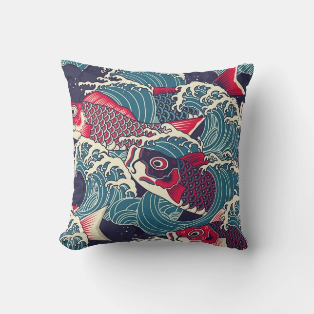 Colourful japanese Koi/carp fish in the wave seaml Cushion (Front)