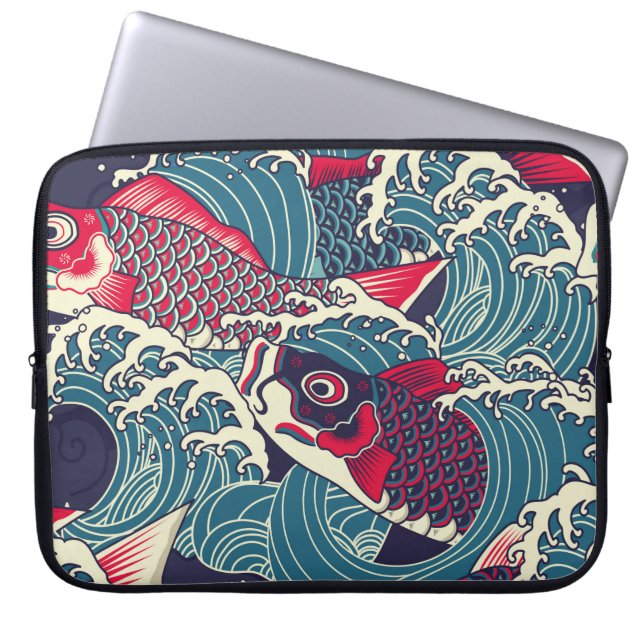 Colourful japanese Koi/carp fish in the wave seaml Laptop Sleeve (Front)