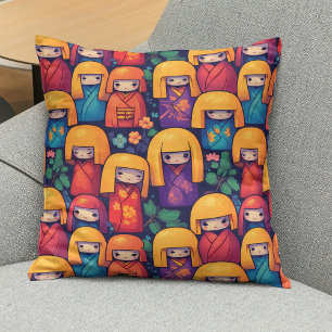 Colourful Japanese Kokeshi Dolls Pattern Cushion