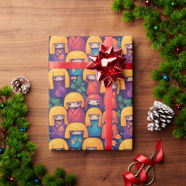 Colourful Japanese Kokeshi Dolls Pattern Wrapping Paper (Holiday Gift)