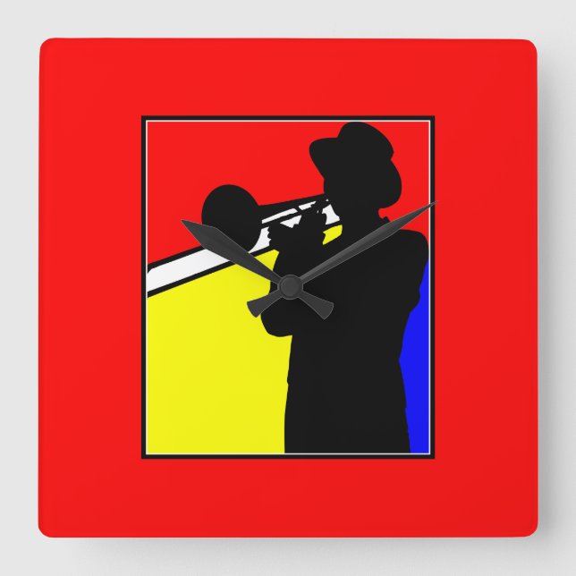 Colourful Jazz trombone player (red) Square Wall Clock (Front)