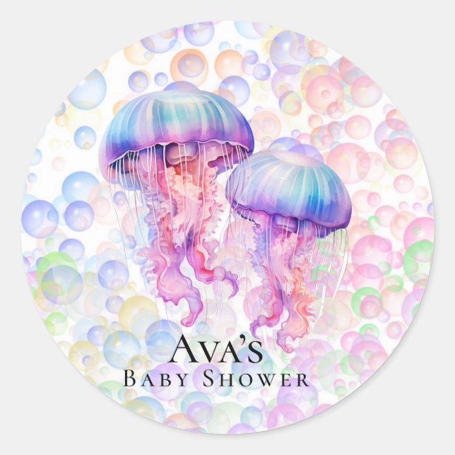 Colourful Jellyfish and Bubbles Girl Baby Shower Classic Round Sticker (Front)
