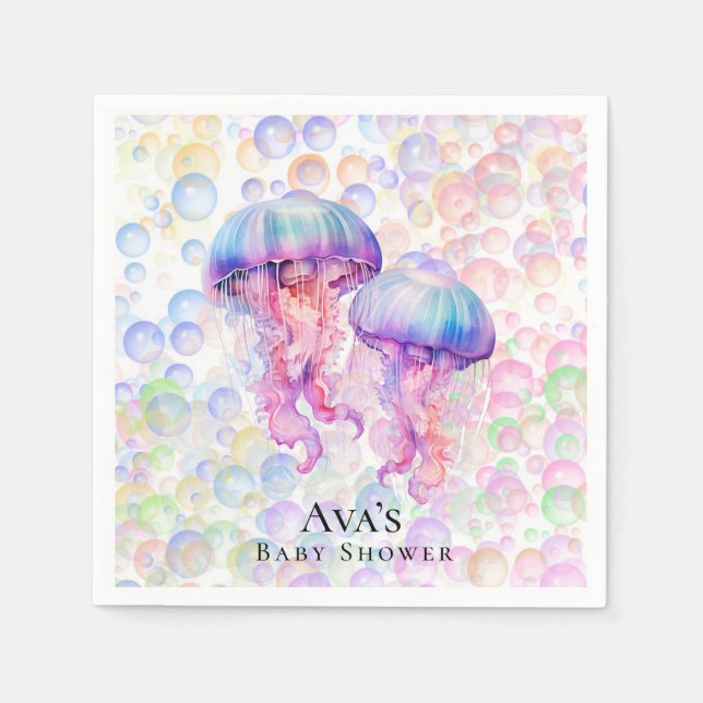 Colourful Jellyfish and Bubbles Girl Baby Shower Napkin (Front)