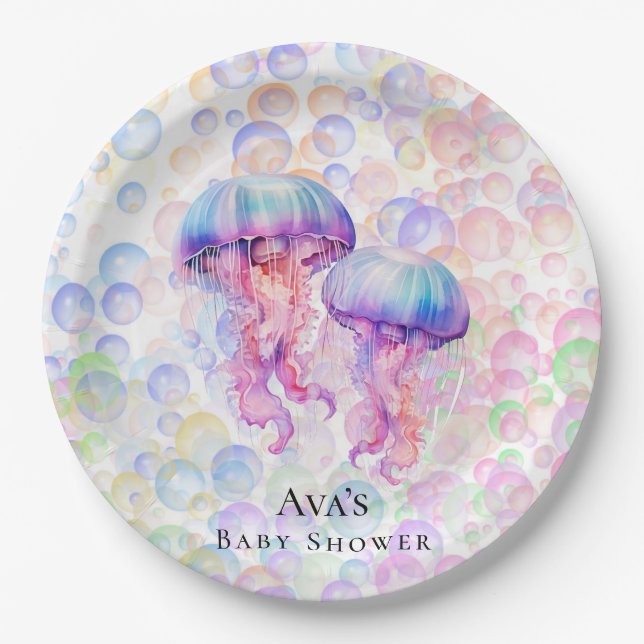 Colourful Jellyfish and Bubbles Girl Baby Shower Paper Plate (Front)