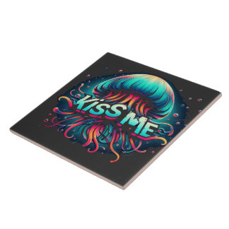 Colourful Jellyfish Illustration With Kiss Me Text Ceramic Tile