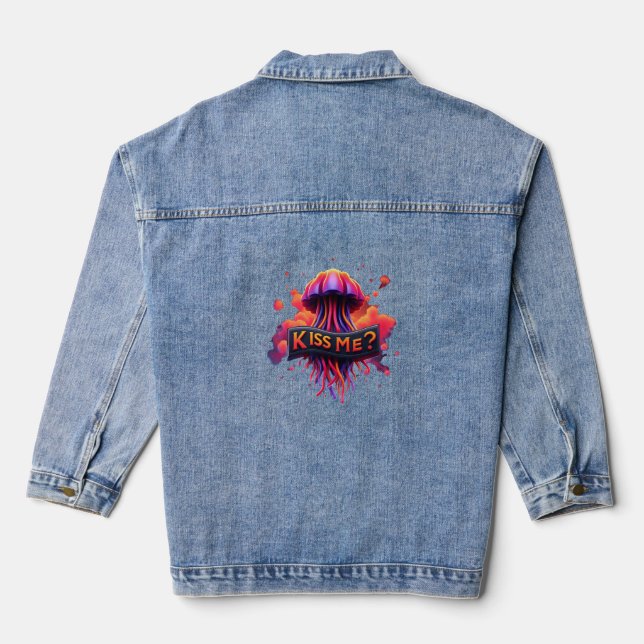 Colourful Jellyfish Illustration With Kiss Me Text Denim Jacket (Back)