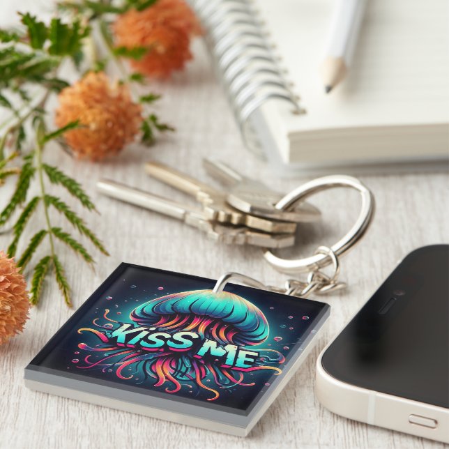 Colourful Jellyfish Illustration With Kiss Me Text Key Ring (Front Right)