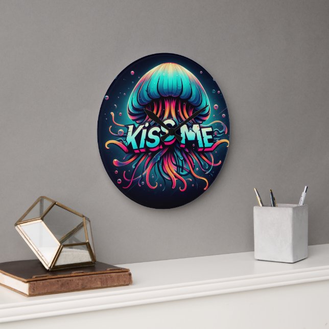 Colourful Jellyfish Illustration With Kiss Me Text Large Clock (Office)