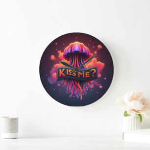 Colourful Jellyfish Illustration With Kiss Me Text Large Clock