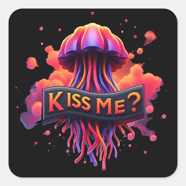 Colourful Jellyfish Illustration With Kiss Me Text Square Sticker (Front)