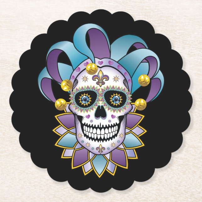 Colourful Jester Skull Paper Coaster (Front)