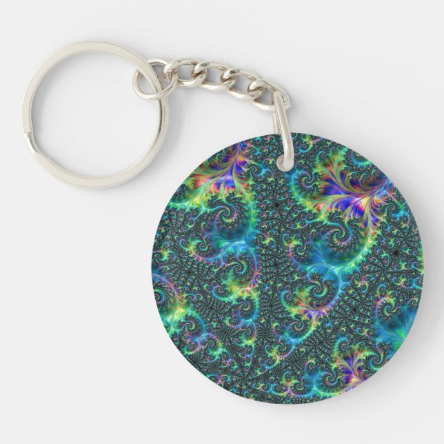 Colourful Jewel Tone Fractal Spiral Abstract Art Key Ring (Front)