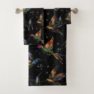 Colourful Jewelled Hummingbirds on Black  Bath Towel Set