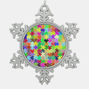 Colourful Jigsaw Puzzle Pattern Snowflake Pewter Christmas Ornament