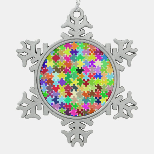 Colourful Jigsaw Puzzle Pattern Snowflake Pewter Christmas Ornament (Front)