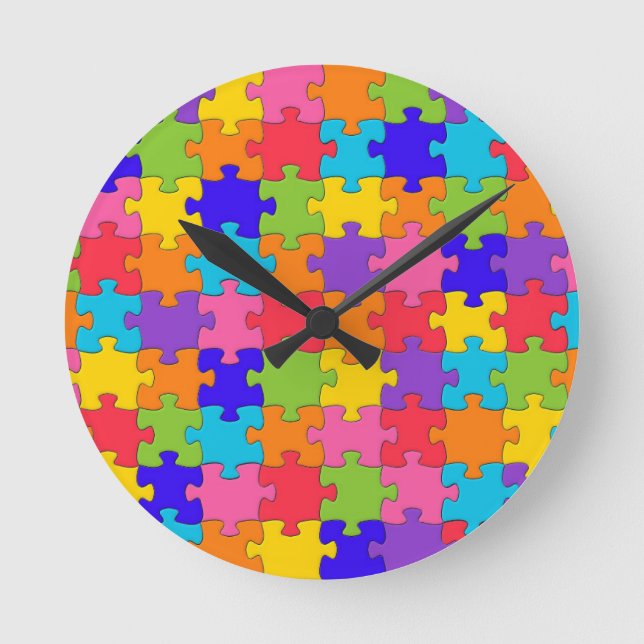Colourful Jigsaw Puzzle Pieces Happy Puzzler Round Clock (Front)