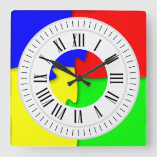 Colourful Jigsaw Puzzle Pieces Roman Hours, Minute Square Wall Clock
