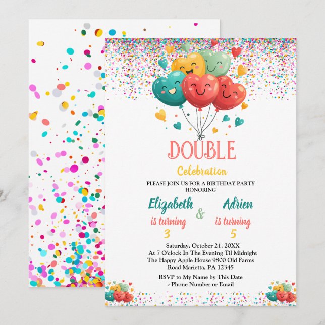 Colourful Joint Twin Birthday Party for kids Invitation (Front/Back)