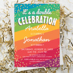 Colourful Joint Twin Birthday Party Invitation<br><div class="desc">Discover the magic of our Colourful Joint Birthday Invitations! With a backdrop as vibrant as a rainbow and sprinkled with golden confetti, these invites are perfect for any dual celebration. Plus, our modern twin party template makes personalisation a breeze. Your next birthday bash starts with a splash of colour and...</div>