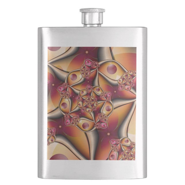 Colourful Joy Abstract Red Orange Fantasy Fractal Hip Flask (Front)