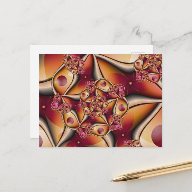 Colourful Joy Abstract Red Orange Fantasy Fractal Postcard (Front/Back In Situ)