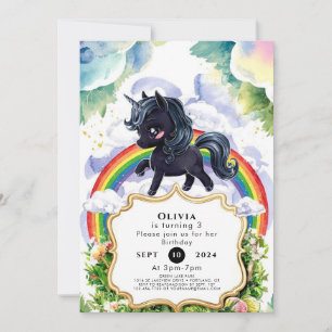 Colourful Joyful Black Unicorn Birthday Invitation