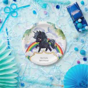 Colourful Joyful Black Unicorn Birthday Paper Plate