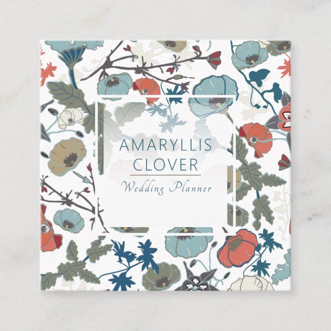 Colourful Joyful Blue Orange Green Floral Pattern Square Business Card (Front)