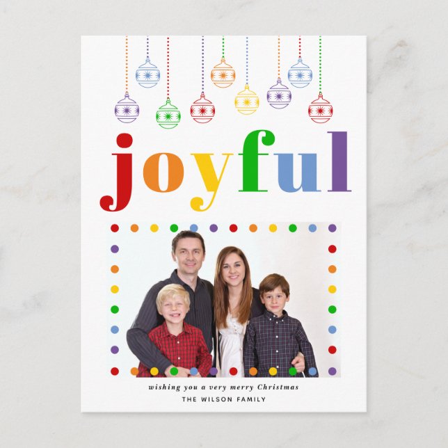 Colourful Joyful typography, Christmas balls photo Postcard (Front)