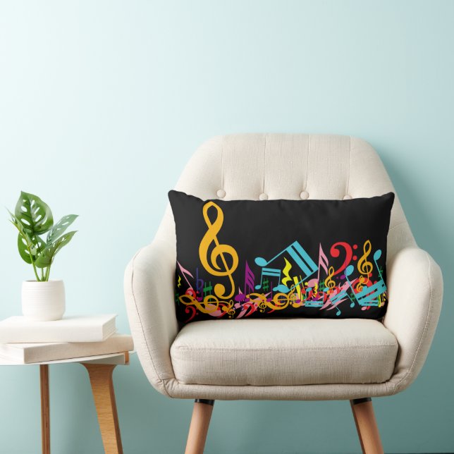 Colourful Jumbled Music Notes on Black Lumbar Cushion (Chair)
